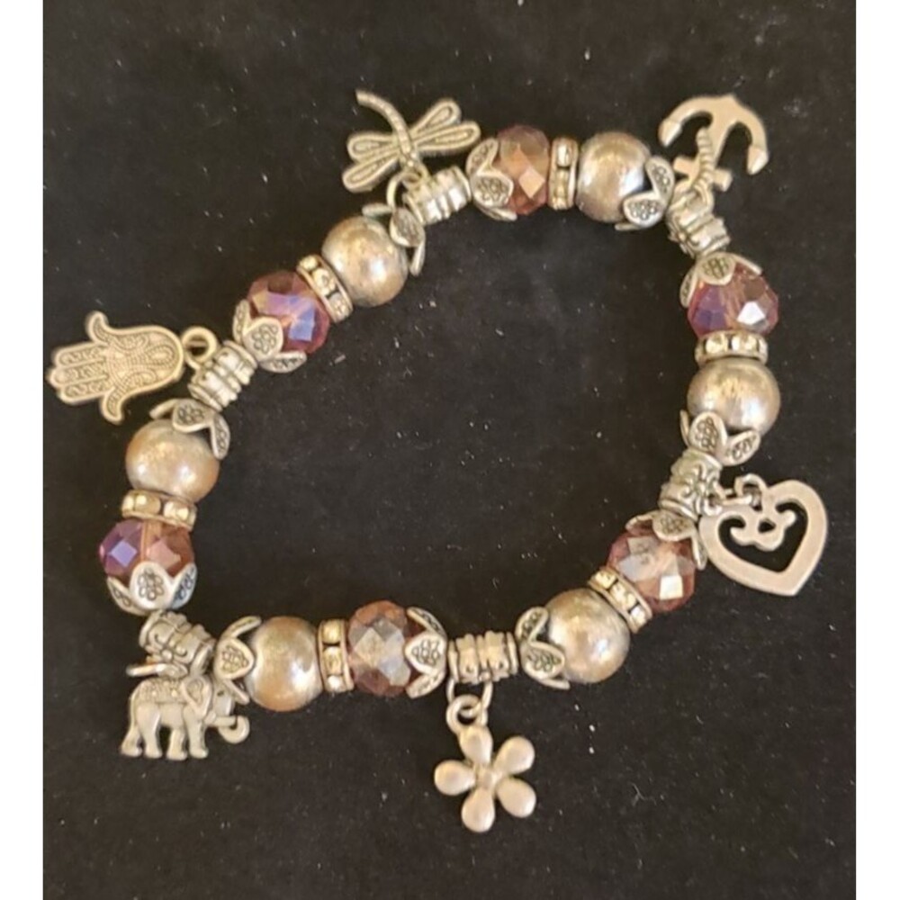 Boho, Whimsy Preowned Charm Bracelet - Purple Beads, Elephant, Dragonfly Charms